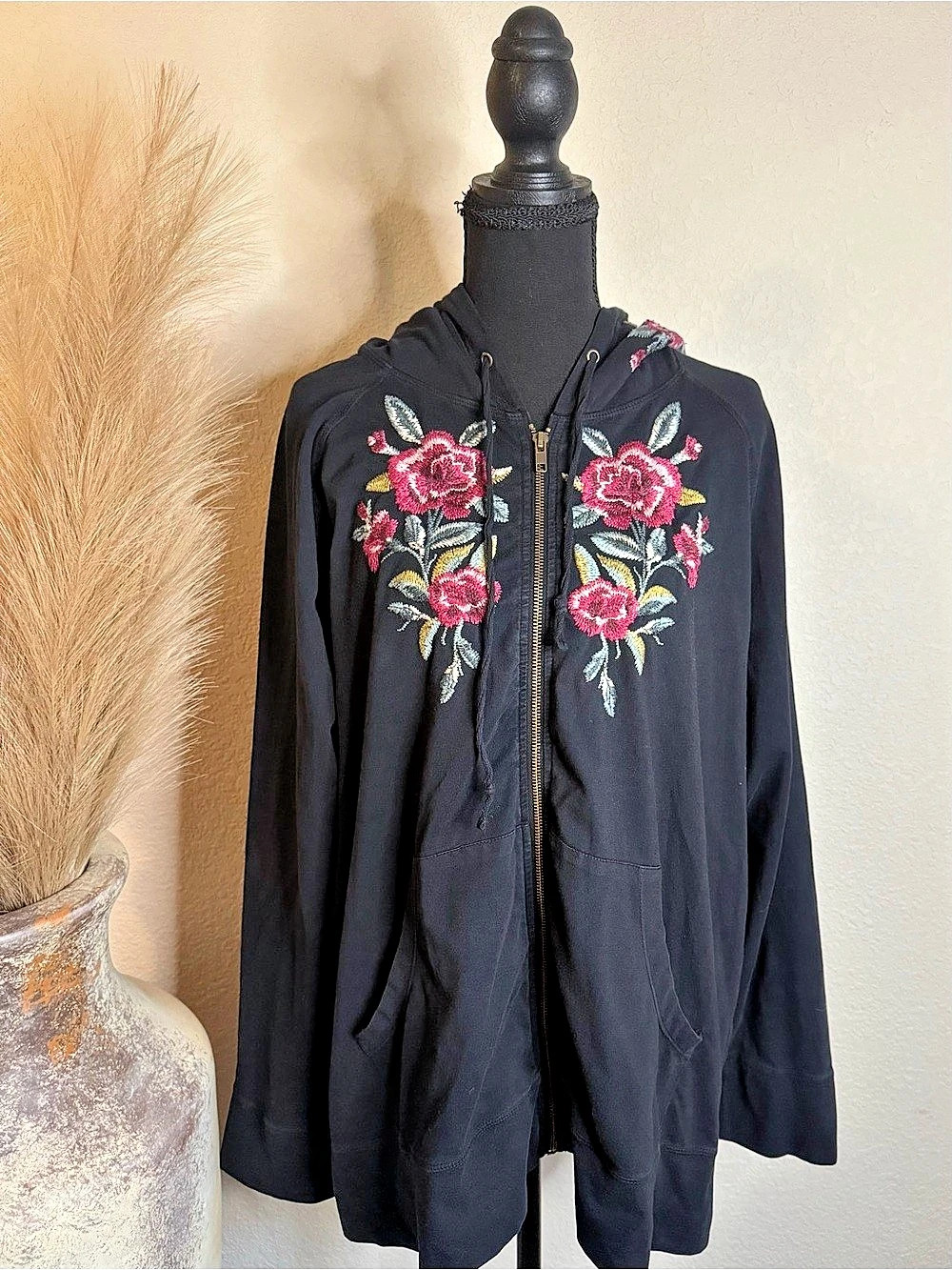 Johnny Was Embroidered Hooded Jacket in Black Like New
